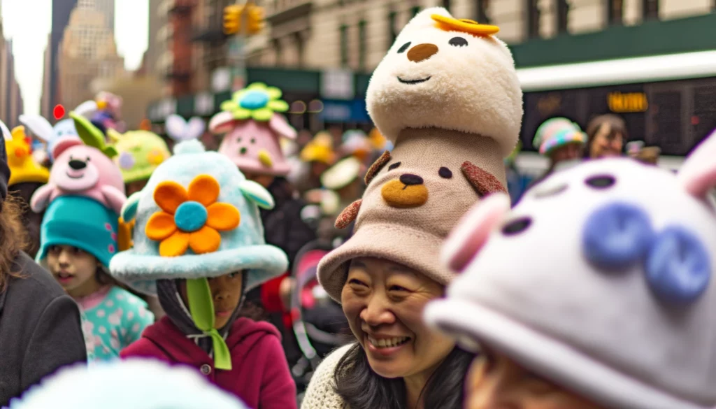 Woman in fuzzy Easter hat in a parade.